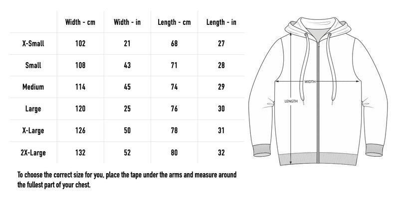 Size chart for Lavos Zip Hoodie - Black