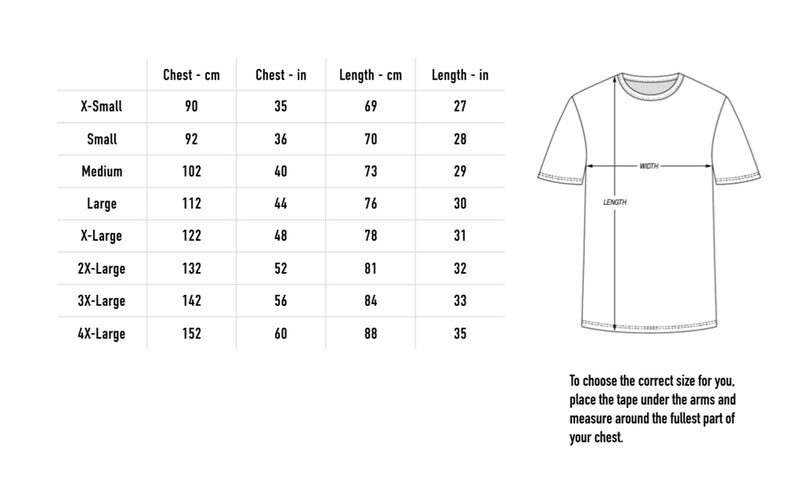 Size chart for Only Riffs Tee - White