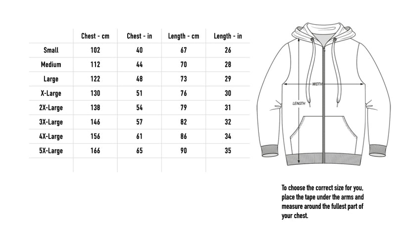 Size chart for Embrace Zip Hoodie - Black